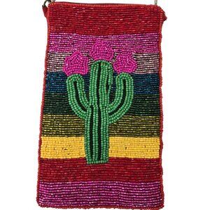 Vintage Beaded Cactus Crossbody Bag Chain Strap 7.5" x 4.5"Multicolor Festival